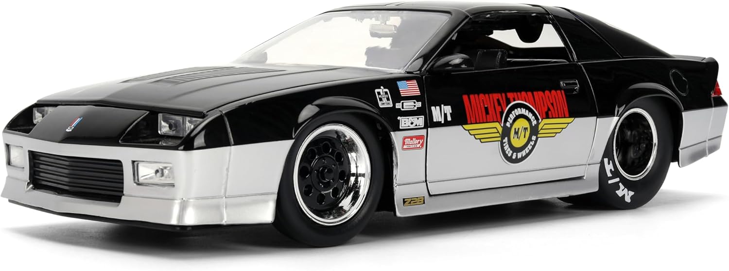 Jada Toys Bigtime Muscle 1:24 1985 Chevy Camaro Mickey Thompson Die-cast Car – Opening Doors, Hood, Trunk, Rubber Tires(Glossy Black/Silver)