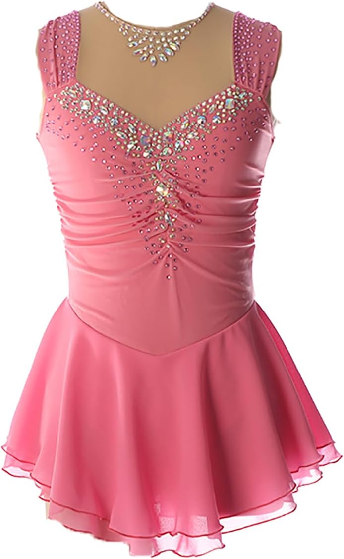 Figure Skating Dress for Girls and Women - Sleeveless Ice Skating Performance Costume With Elastic Skirt
