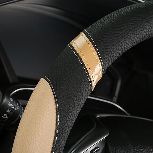 Miniatura 5 de Funda universal de cuero para volante de automóvil, para hombres y mujeres, apta para autos, SUV, camioneta, camioneta de 15 pulgadas (beige)
