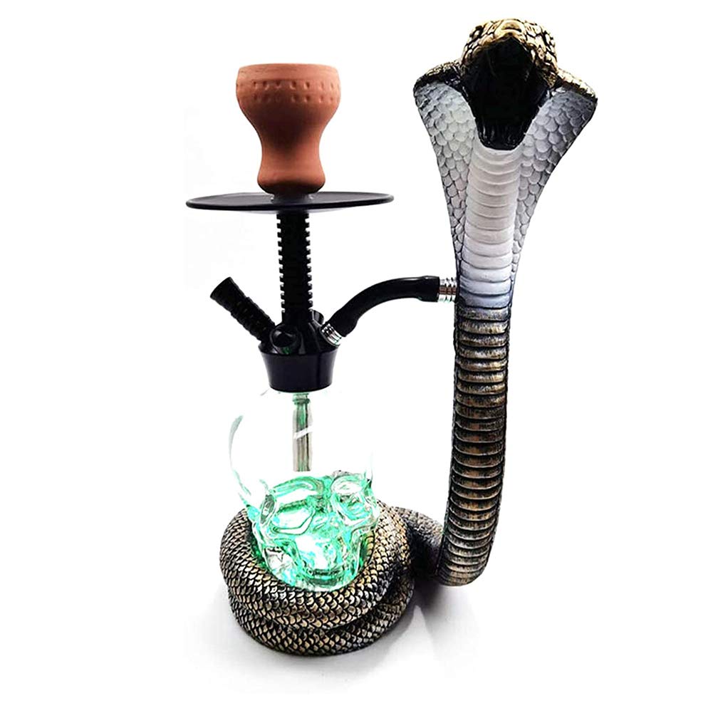 Juego completo de cachimba LED Shisha Kit completo de cuenco de arcilla de un solo tubo Kit en forma de cobra Gran humo Vidrio en forma de calavera con cuenco y tarro de silicona para narguile