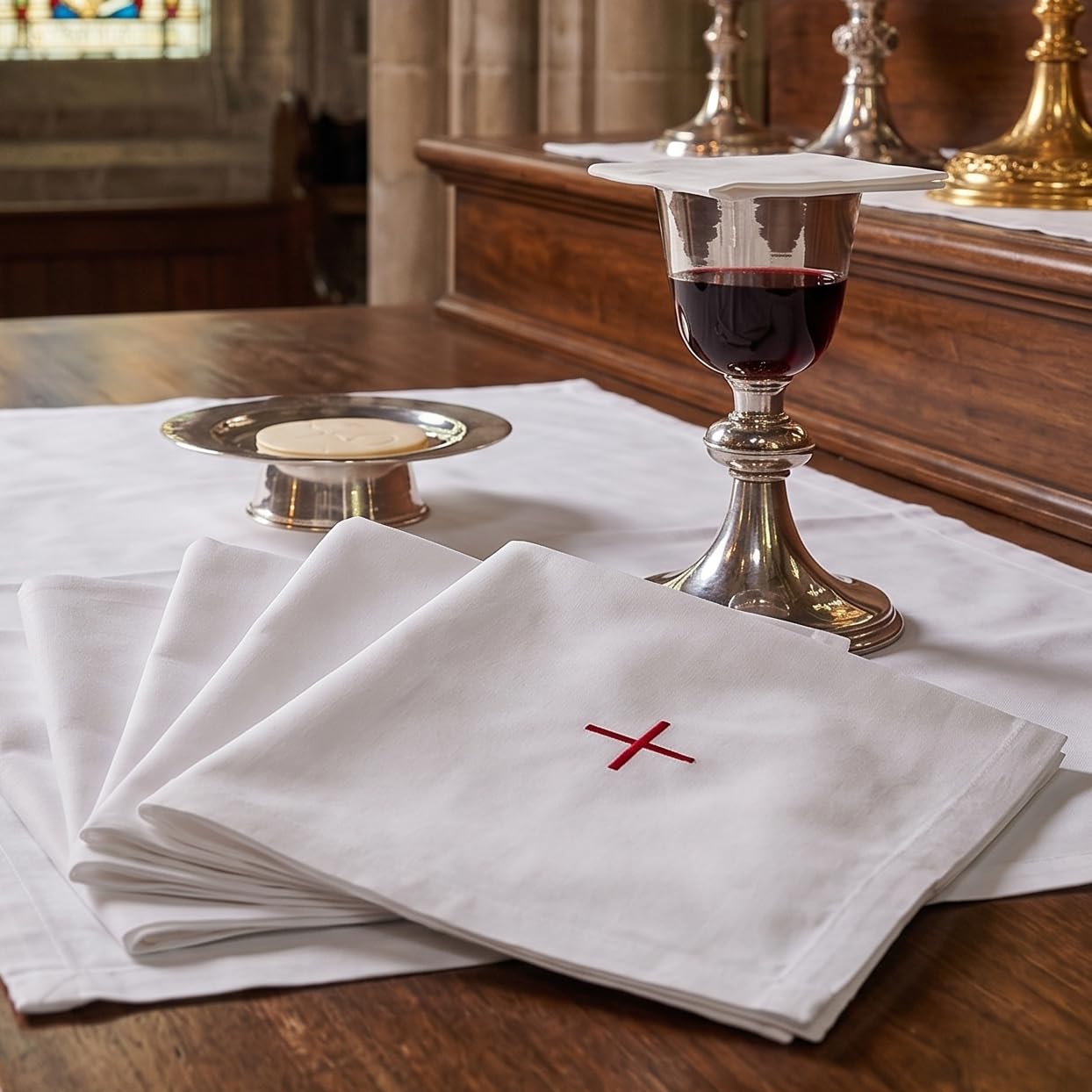 Single Altar Linen White Church Corporal 100% Cotton with Red Embroidered Cross Mass corporal Communion linen