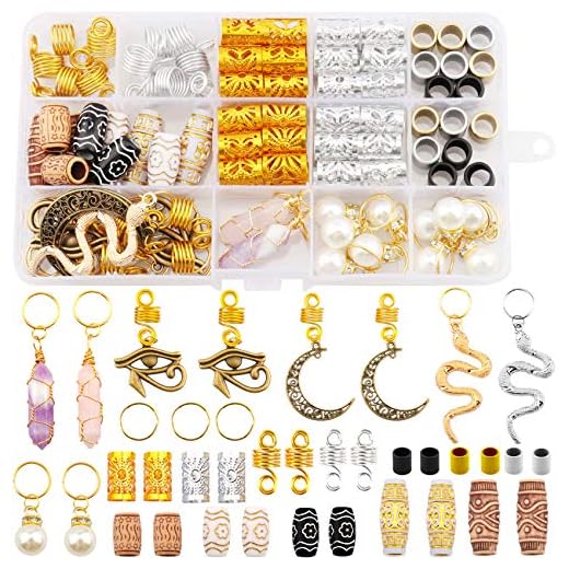 Messen 121Pcs Dreadlocks Jewelry Crystal Wire Wrapped Loc Adornment Imitation Wood Beads Braid Accessories Hair Cuffs Beard Tube Beads Hair Coils Rings Pearl Pendants for Braids Hair Clip Decoration