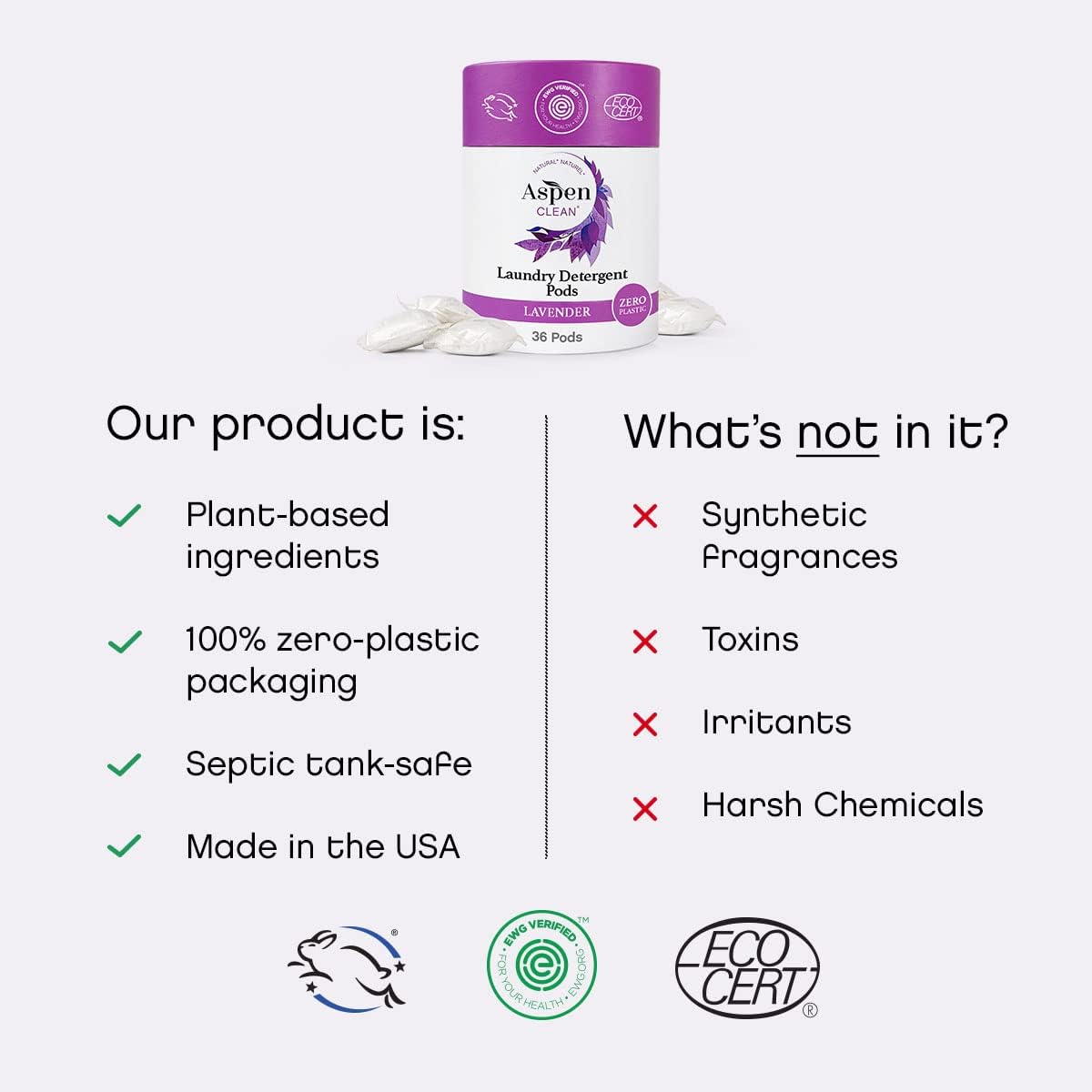 Lavender Laundry Pods by AspenClean, New and Improved Packaging, Zero Plastic, EWG Verified™, Vegan, Hypoallergenic Natural Laundry Detergent - 36 Count