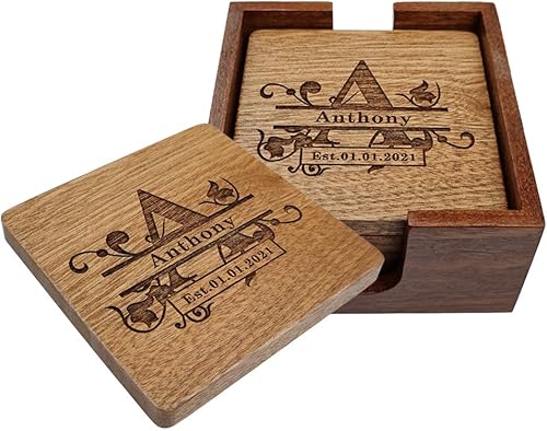 Posavasos personalizados, posavasos de madera grabados personalizados para bebidas, posavasos con monograma con soporte, regalos de boda, regalos