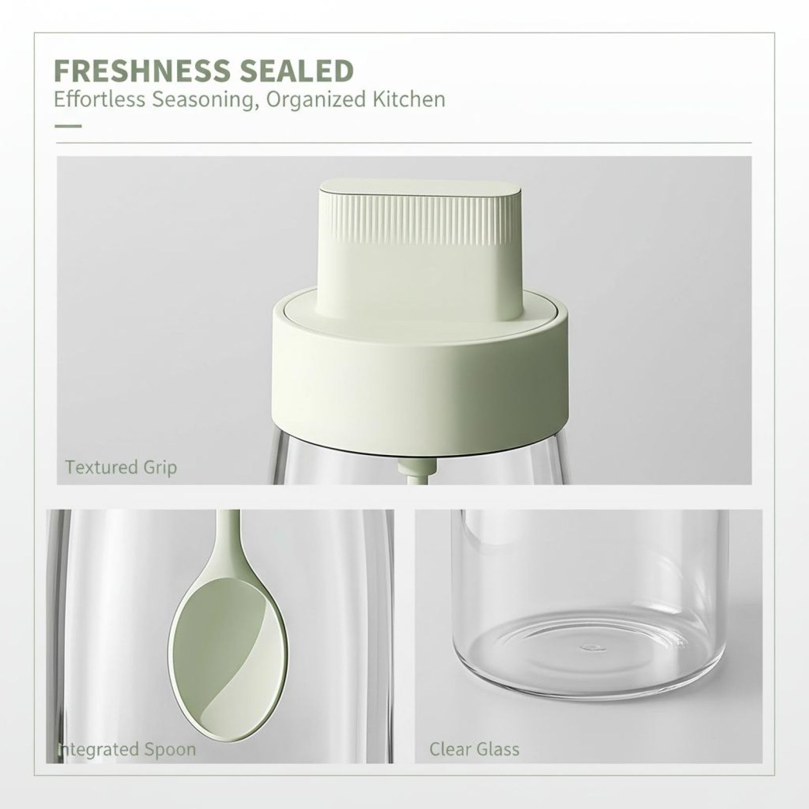 Lot de 2 bocaux à assaisonnement en verre, pots à sel de cuisine avec cuillère, couvercle hermétique, set de bouteilles à épices protégé de l'humidité, pour cuisine et rangement, blanc et vert