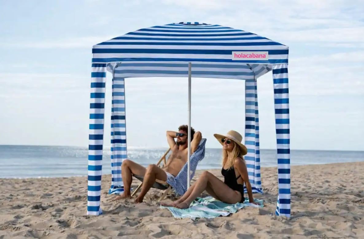 olacabana namiot plażowy, parasol plażowy, 2x2 m, UPF 50+, baldachim, przeciwsłoneczna, wiatroodporna, składane ramiona, torba w komplecie, 4 kieszonki na Piasek, stabilna, paski niebieski