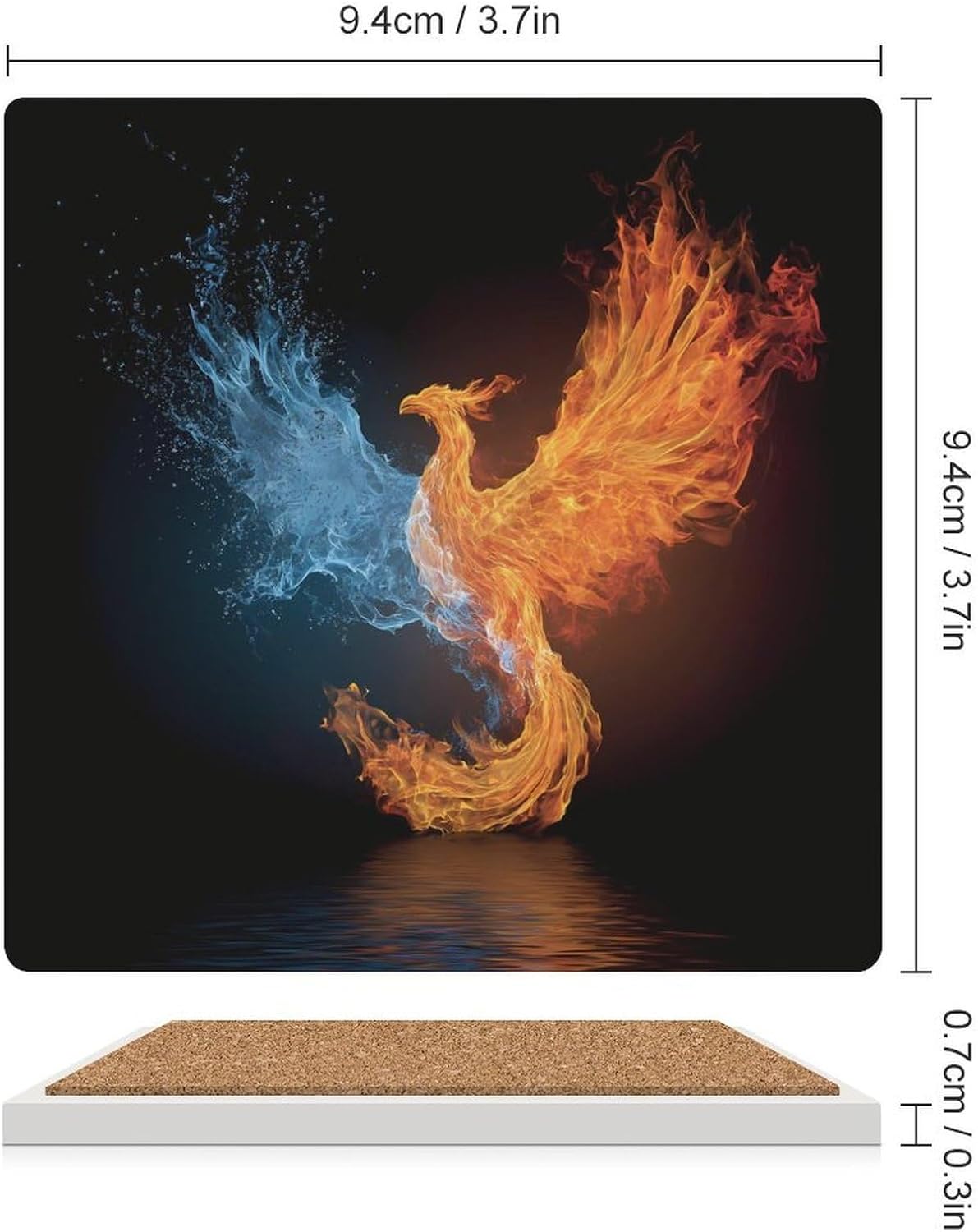 Water Ice and Fire Rising Phoenixsbird Coaster for Drinks Square Ceramic Table Coasters Stone Mat Crafts 6PCS Home Kitchen Decor