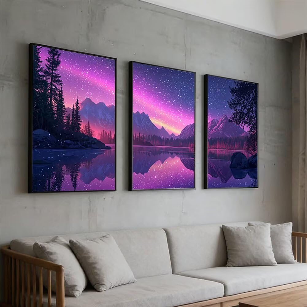 Wandbilder Lila 60x80cm, 3Pcs Leinwand Bilder Groß Wanddeko Wohnzimmer, Sternenhimmel Leinwand Bilder mit Rahmen, Moderne Wandbilder Wohnzimmer Poster Set mit Haken, Wand Deko Schlafzimmer, -2206