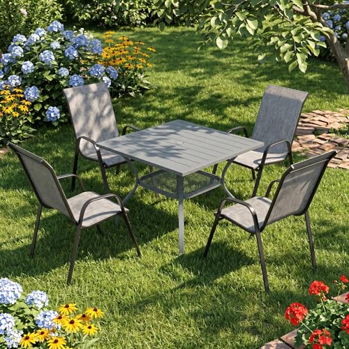 Image of VICLLAX Patio Dining Set for 4, All Weather 5-Piece Patio Set-37.8 inch Square Outdoor Table and 4 Stackable Chairs for Lawn Garden and Backyard,Grey Tabletop
