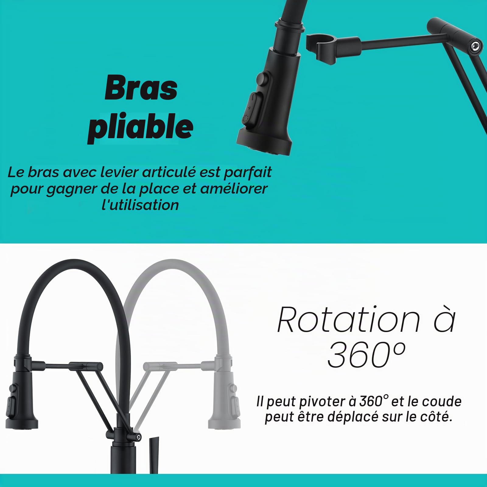 CREA Robinet de Cuisine avec Douchette Rabattable, Mitigeur Monocommande Robinet Évier de Cuisine Haute Pression avec Aimant Rotatif à 360° en Acier Inoxydable Mat Noir