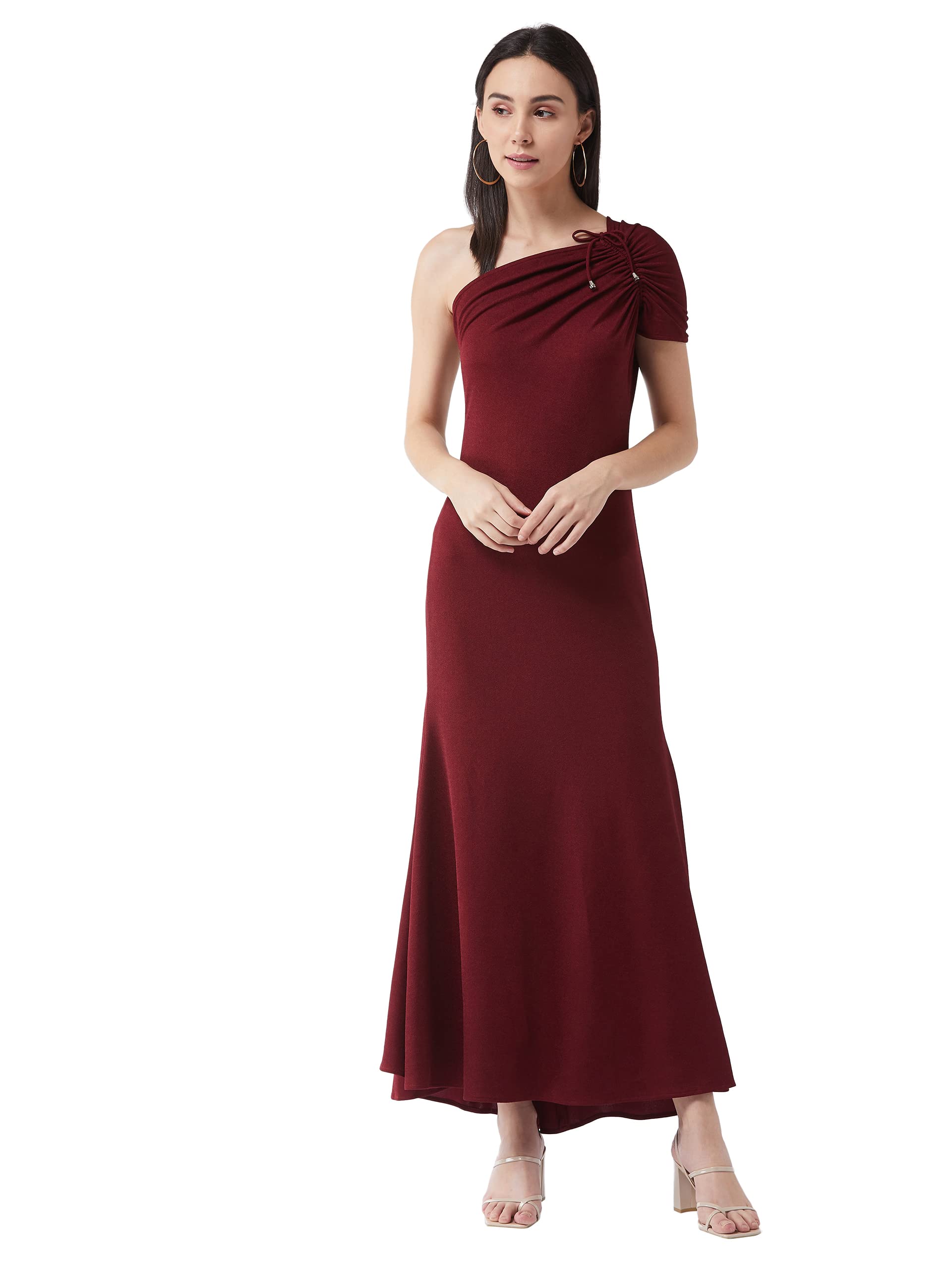 Miss Chase Women's Maroon One-Shoulder Half Sleeve Solid Ruching Maxi Dress(Mcaw21D13-39-143-05,Maroon,L)