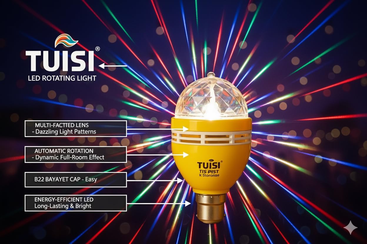 Tuisi LED Rotating Party Light Bulb, Multi-Color, B22 Bayonet Cap, Multi-Faceted Crystal Lens with Automatic Rotation, Energy-Efficient for Disco, Party, Home Decoration 1