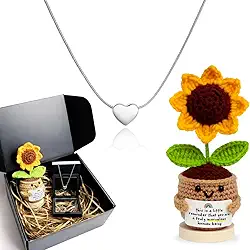 Kit Presente Feminino Colar Prata em Aço Inox Pingente de Coração + Porta Joias em Caixa Luxo Elegante + Girassol em Crochê Crochet Pronto Presentear Delicado Aniversário Dia das Mães Natal Namorados