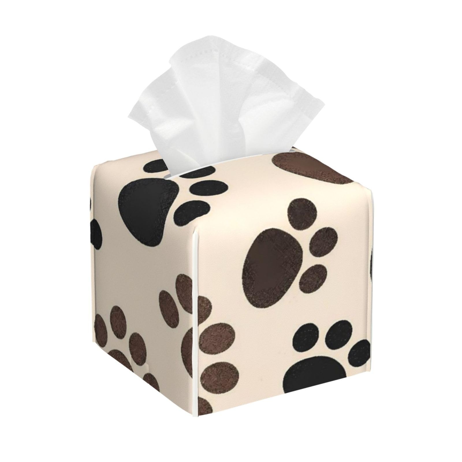 Dog Paw Prints Leather Tissue Box Cover Holder Square Facial Paper Organizer 5.2" X 5.2" X 5.2"
