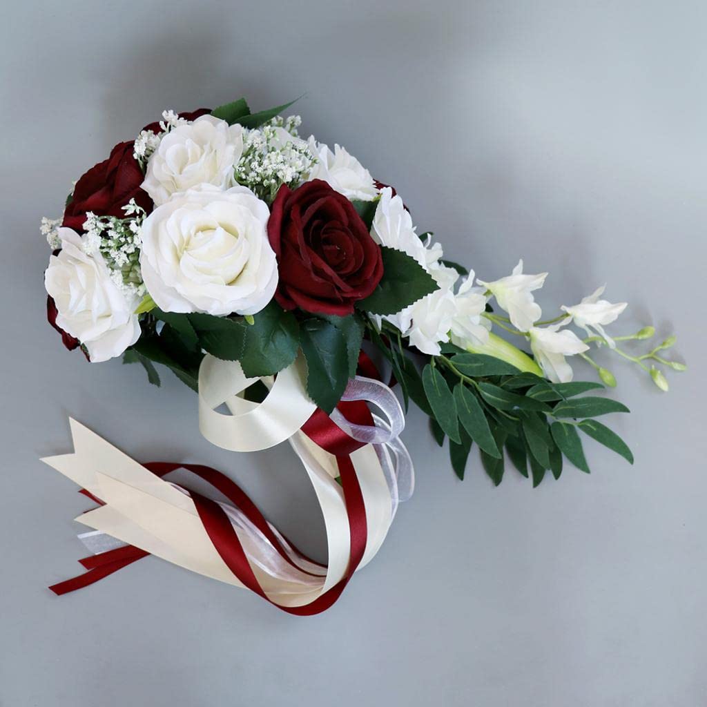 LOVIVER Bunte Blumenstrauß Brautstrauß Hochzeitsstrauß für Braut Brautjungfer und Blumenmädchen, Weiß + Weinrot
