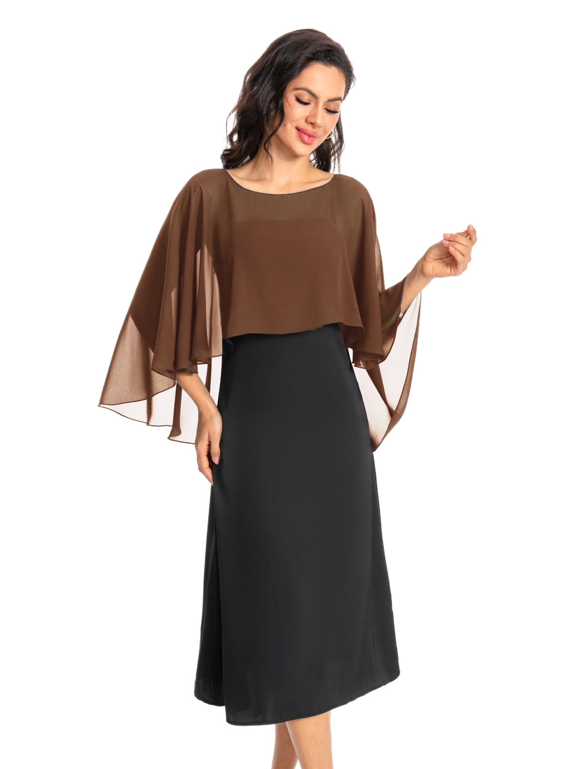Baoqiya Women's Capelet Shawls and Wraps for Evening Dresses Soft Bridesmaid Shawl Chiffon Cape Wedding Cover Up, Brown, One Size