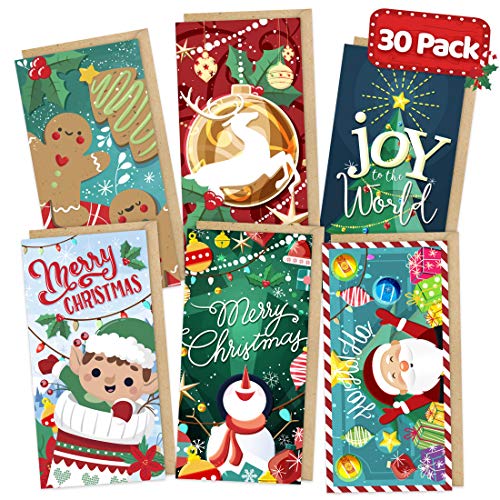 Christmas Money Cards with Kraft Envelopes - 30 Pack - Xmas Gift Card Envelopes Christmas Card Money Holders Cards for Cash Christmas Bulk Assorted - Snow Festive Winter Holiday Box Set