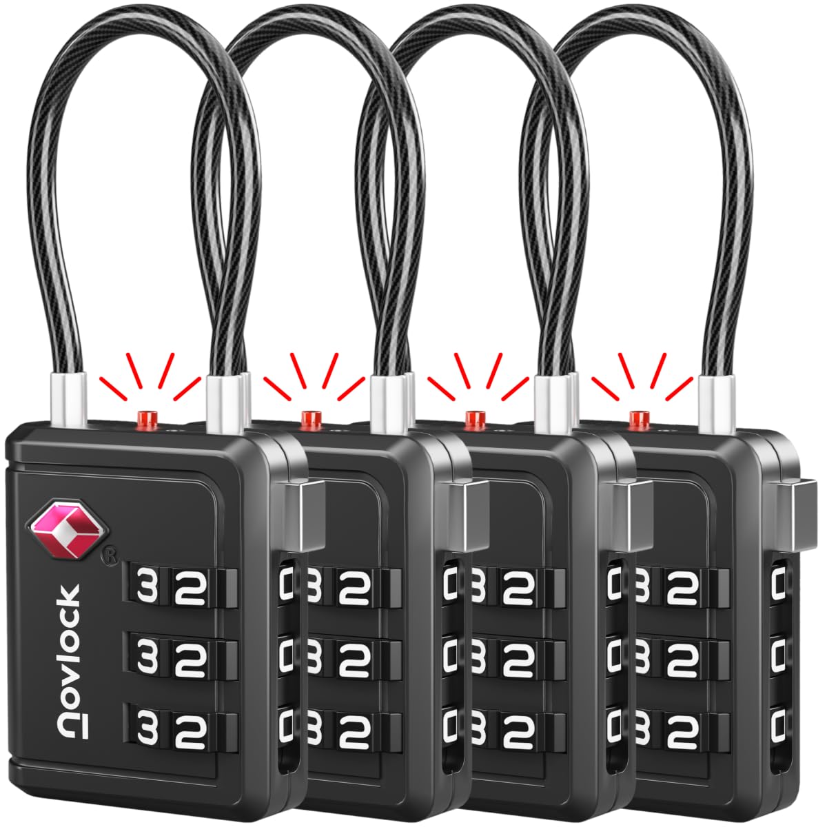 Novlock Black Luggage Locks – Tsa Approved Suitcase Locks – Travel Padlocks With Inspection Indicator – Tsa Locks For Suitcases, Backpacks, Cases, Bags – 4-Pack,