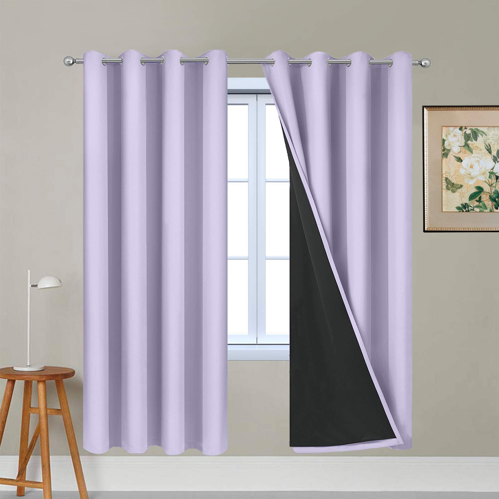 Yakamok Lilac 100% Blackout Lined Curtains, 2 Thick Layers Completely Blackout Window Treatment Thermal Insulated Drapes for Kitchen/Bedroom (1 Pair, 52W x 72L) — image 1