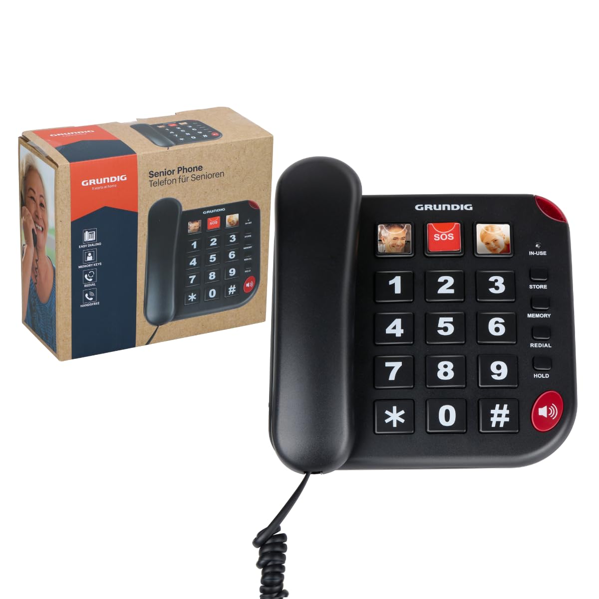 Grundig Telefon Senioren - Festnetztelefon Senioren mit großen Tasten - Seniorentelefon Festnetz mit Foto-Schnelltasten - Telefon Festnetz - Lautsprecher und SOS-Taste - Schwarz