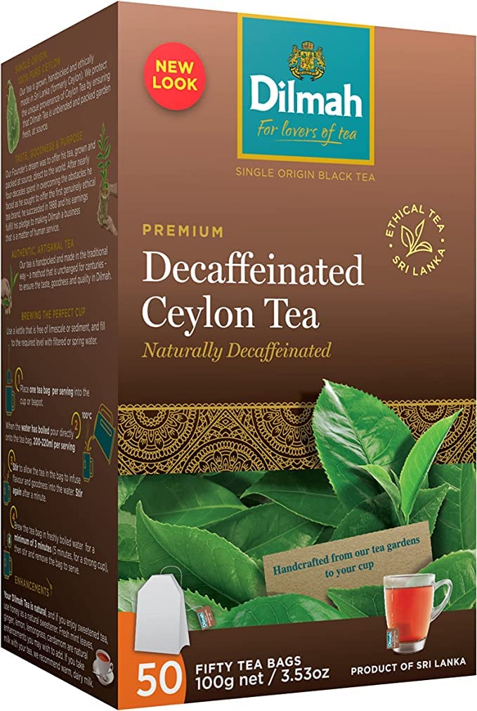 Dilmah Tea Premium Decaffeinated Ceylon Tea | 50 Bags, Decaf Tea Bags | Caffeine-Free English Breakfast Tea