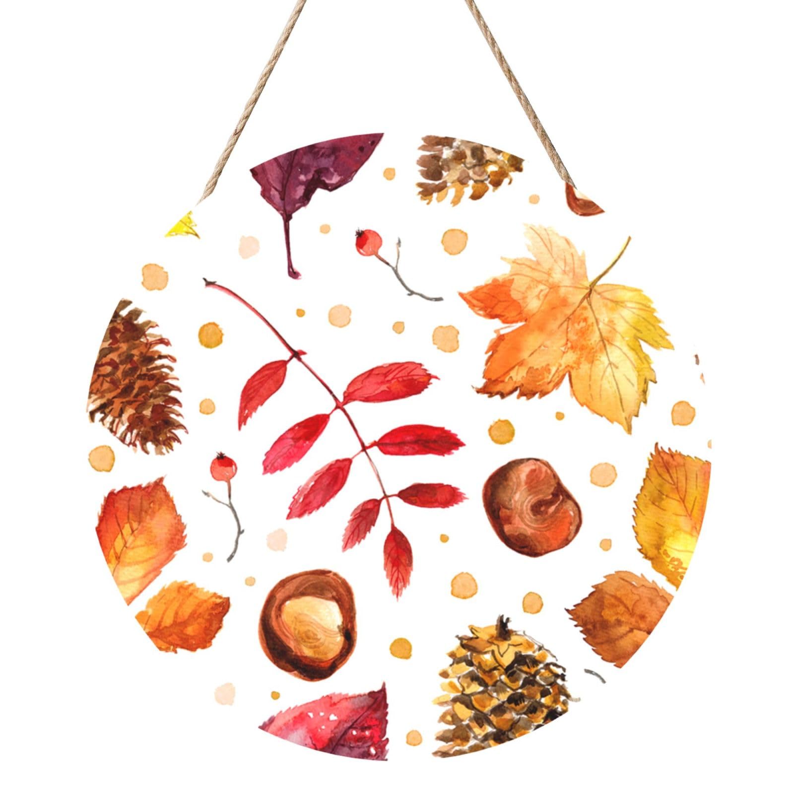 InOmak Autumn Botanical Leaf, Round Wood Panel Painting 12 in, Wall Hanging Painting For Home
