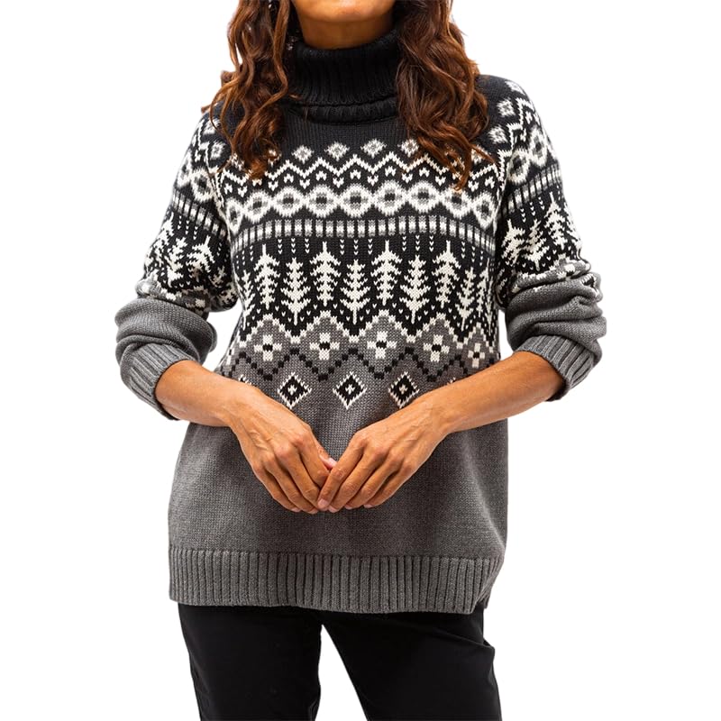 Womens Geometric Print Knitted Sweaters Long Sleeve Turtleneck Thick Pullover Tops Winter Warm Fashion Vintage Outfits