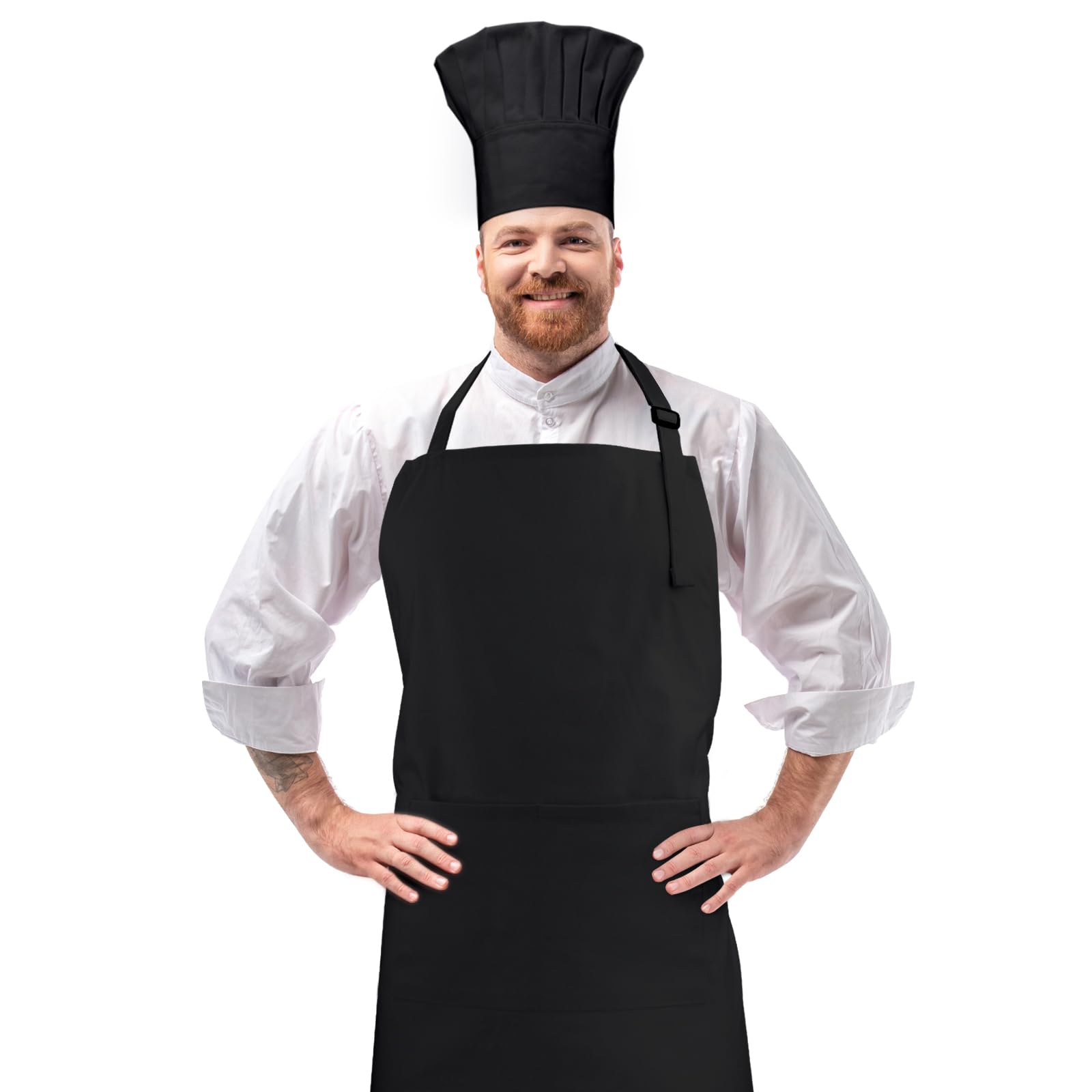Set grembiule da chef e cappello, 2 tasche regolabili, in cotone, grembiule da cucina, costume da panettiere per uomo e donna