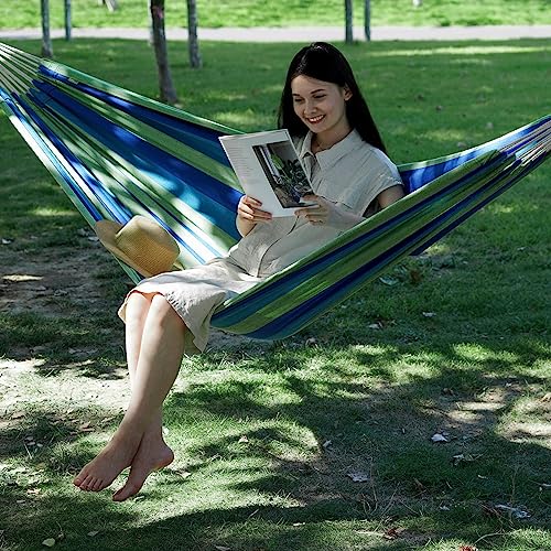 Image of 2 Persons Hammock - Portable Camping Bed for Patio, Backyard, Porch, Outdoor and Indoor Use - Soft Cotton Hammock with Carrying Bag