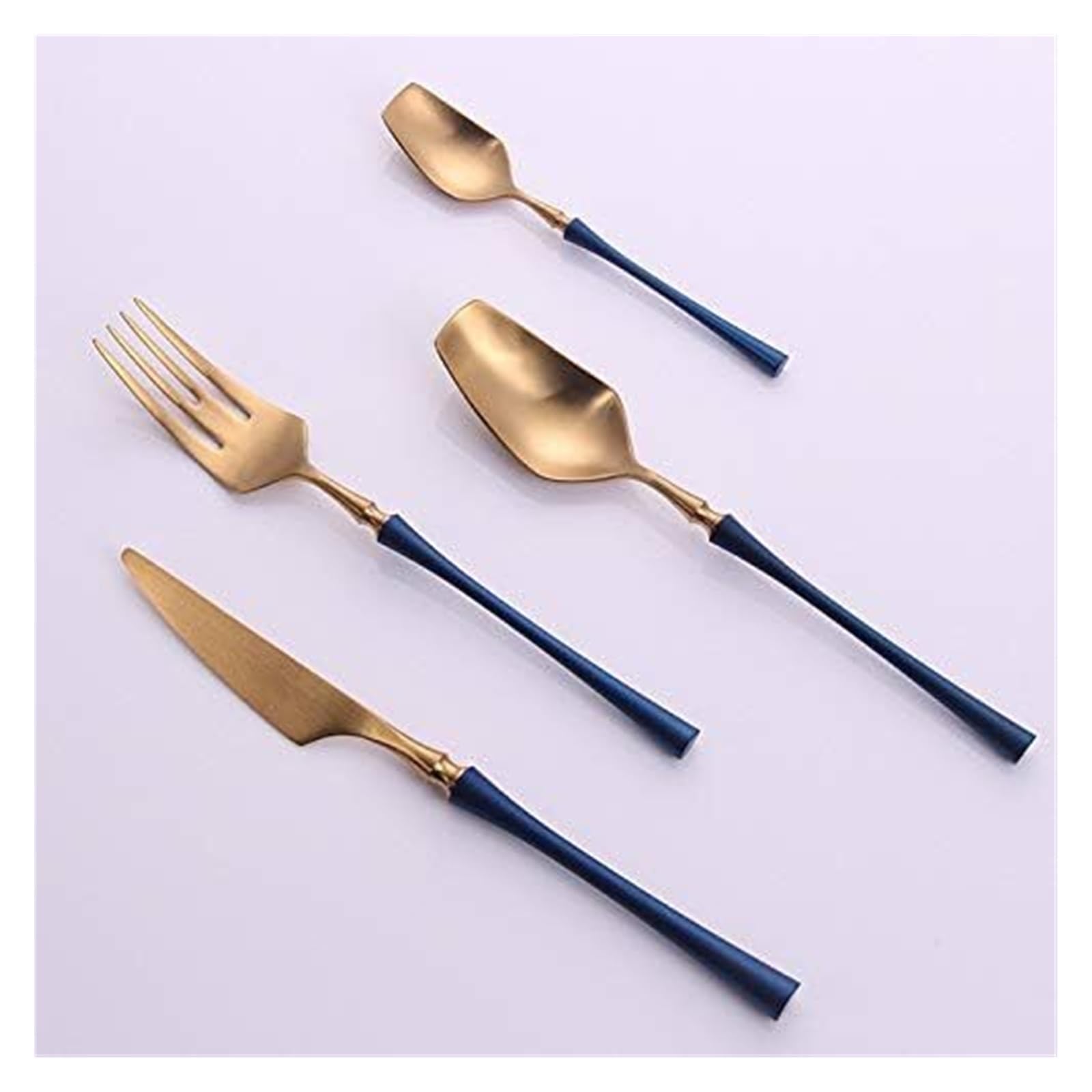 Cucharas-tenedor de acero inoxidable, juego de platos, cubiertos, juego de 4 piezas de acero inoxidable 304 con diseño creativo (cuchillo, tenedor y cuchara), vajilla estilo occidental, azul y dorado.