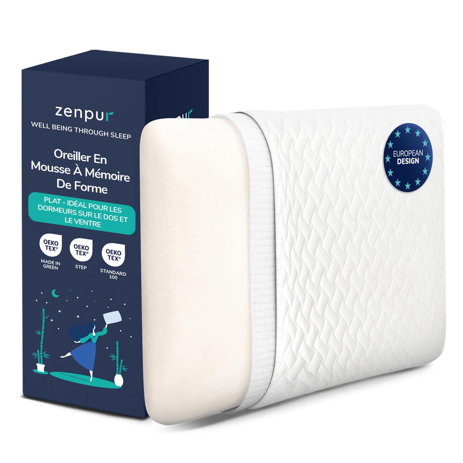 Oreiller plat ZenPur 6cm coussin doux de lit 40x60cm pour sommiers et matelas