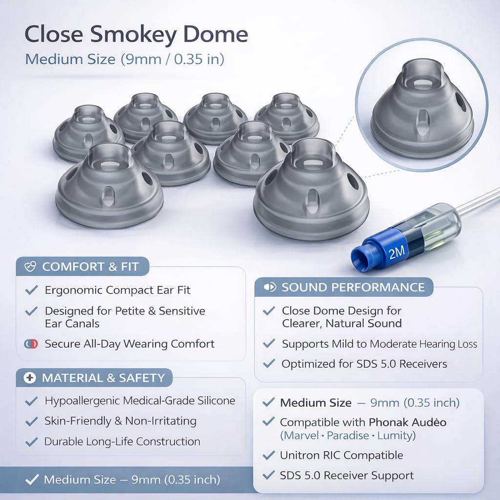 20 pcs Phonak Close Smokey Dome 5.0 Hearing Aid Domes Medium Size (0.35 inch=9mm), Phonak Hearing Aid Accessories, Hearing Aid Domes for Audeo Marvel Paradise Lumity Accessory