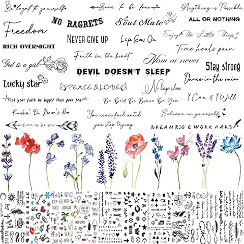 EGMBGM 51 Sheets Inspirational Lettering Temporary Tattoos For Men Women Arm Neck Fake Tattoos For Kids Adults Tiny Lavender Flowers Floral Bouquet Tattoo Sticker Small Star Letter Words Finger Tatoos Cover