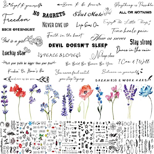 EGMBGM 51 Blätt Beschriftungs Schriftzug Temporäre Tattoos Frauen Männer Realistisch, Lavendel Wild Blumen Kleine Fake Tattoos Erwachsene Jungen Mädchen, Temporary Tattoos Zum Aufkleben Briefe Wörter Cover