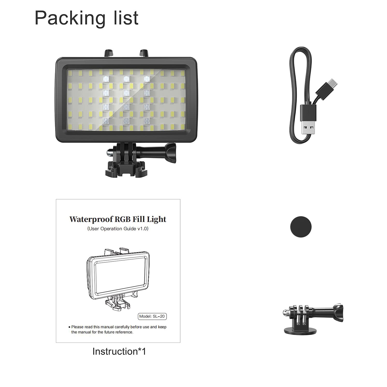 Andoer SL-20 Luz de Relleno RGB Impermeable Luz de Video LED, Regulable IPX8 Submarino 40M para bucear Snorkel Fotografía submarina Reemplazo de Video para GoPro Hero 9/7/6/5