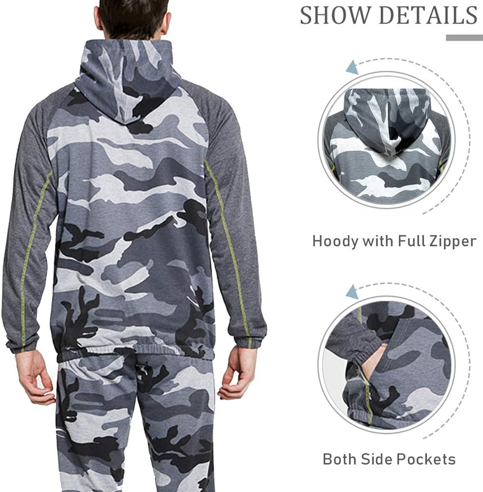 DUOFIER Men's Hooded Athletic Tracksuit Casual Full Zip Jogging Sweatsuits
