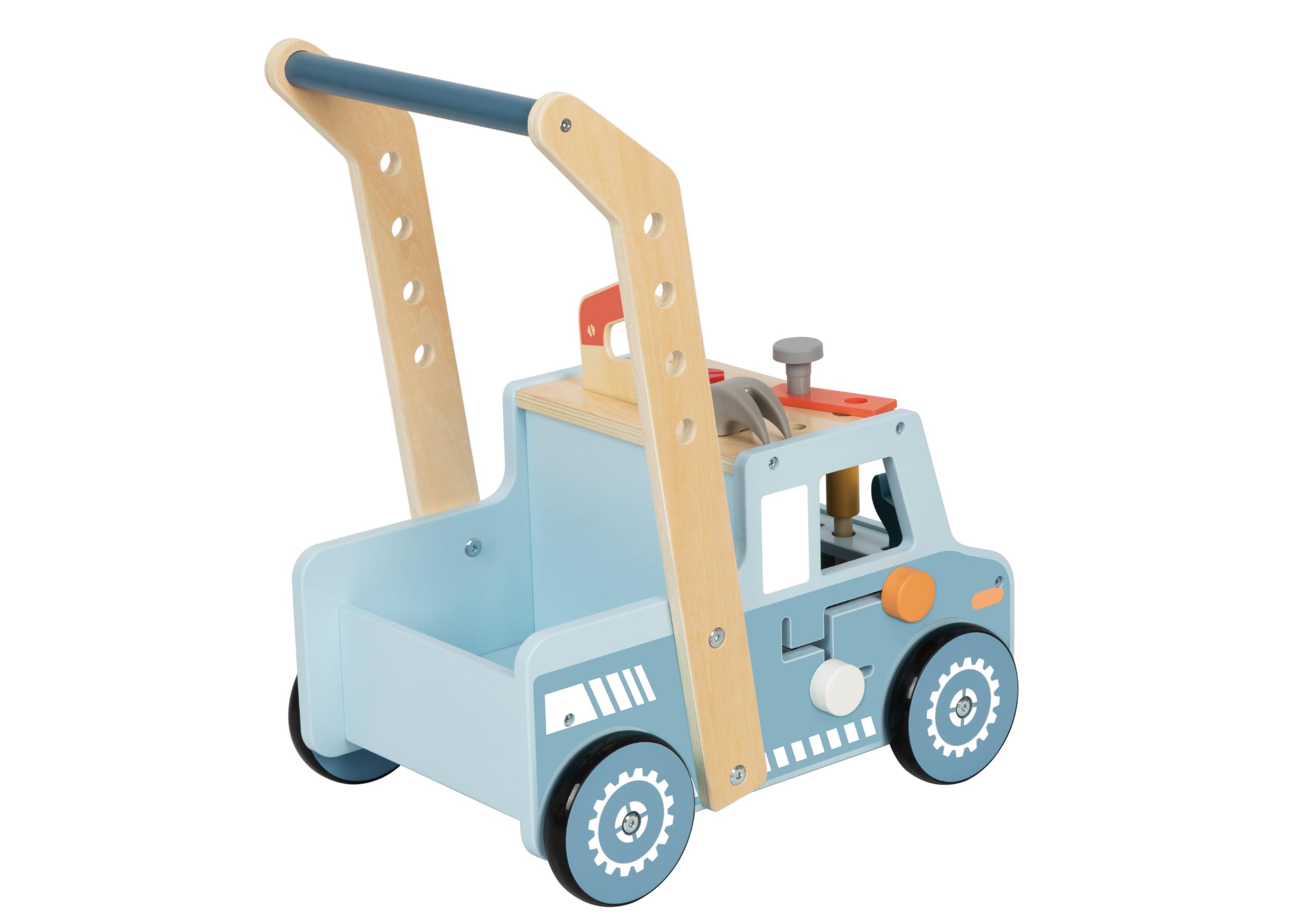 TOOKY TOY Wózek spacerowy z drewnianym stołem warsztatowym FSC - Chodzik dla dzieci z narzędziami i akcesoriami, edukacyjna zabawka montessori, rozwija zdolności motoryczne, poznawcze i społeczne