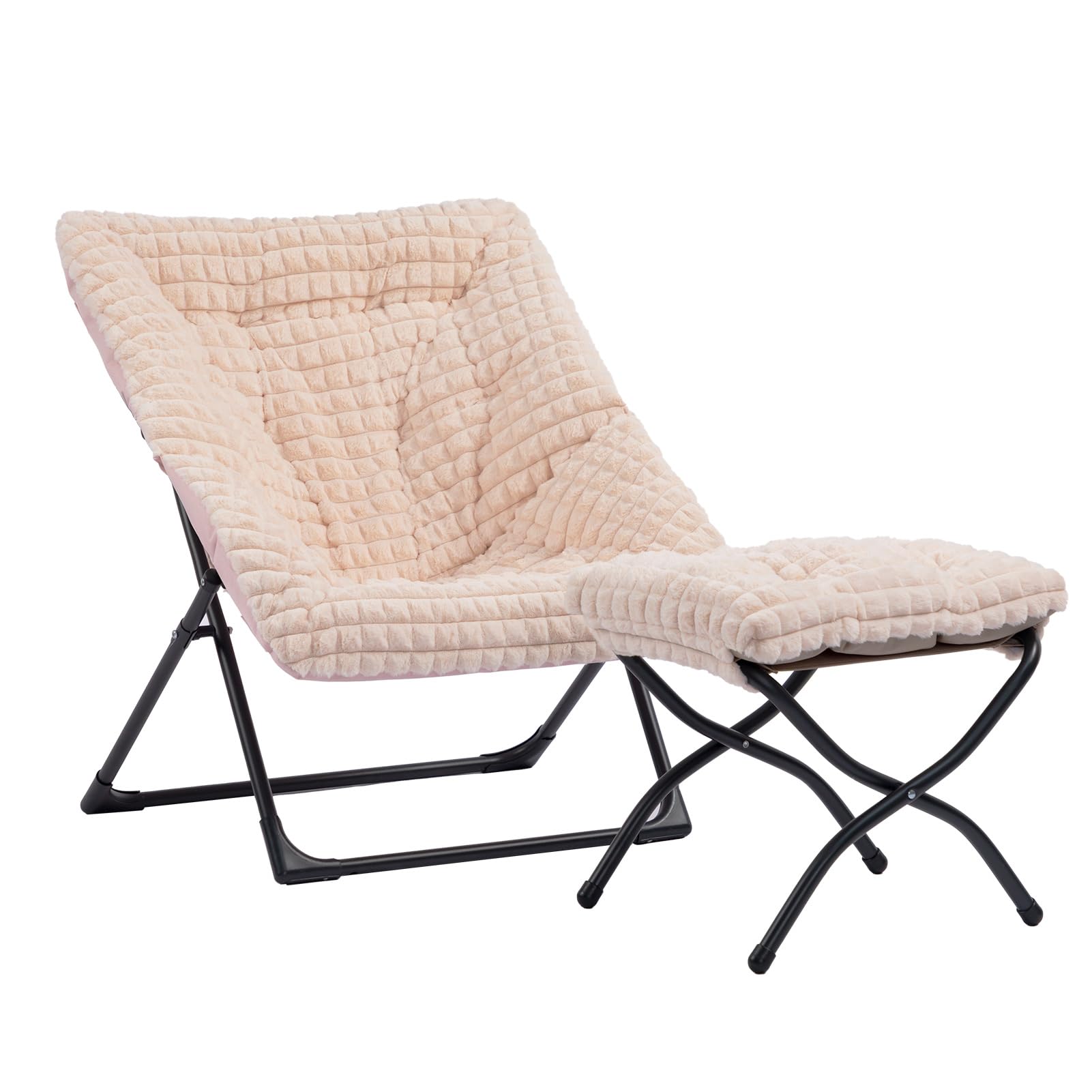 HollyHOME X-Large Saucer Chair with Foldable Ottoman, Comfy Oversized Folding Chair and Folding Footrest Stool Set, Faux-Fur Reading Chair and Footstool for Living Room, Champagne Pink Chair&Stool