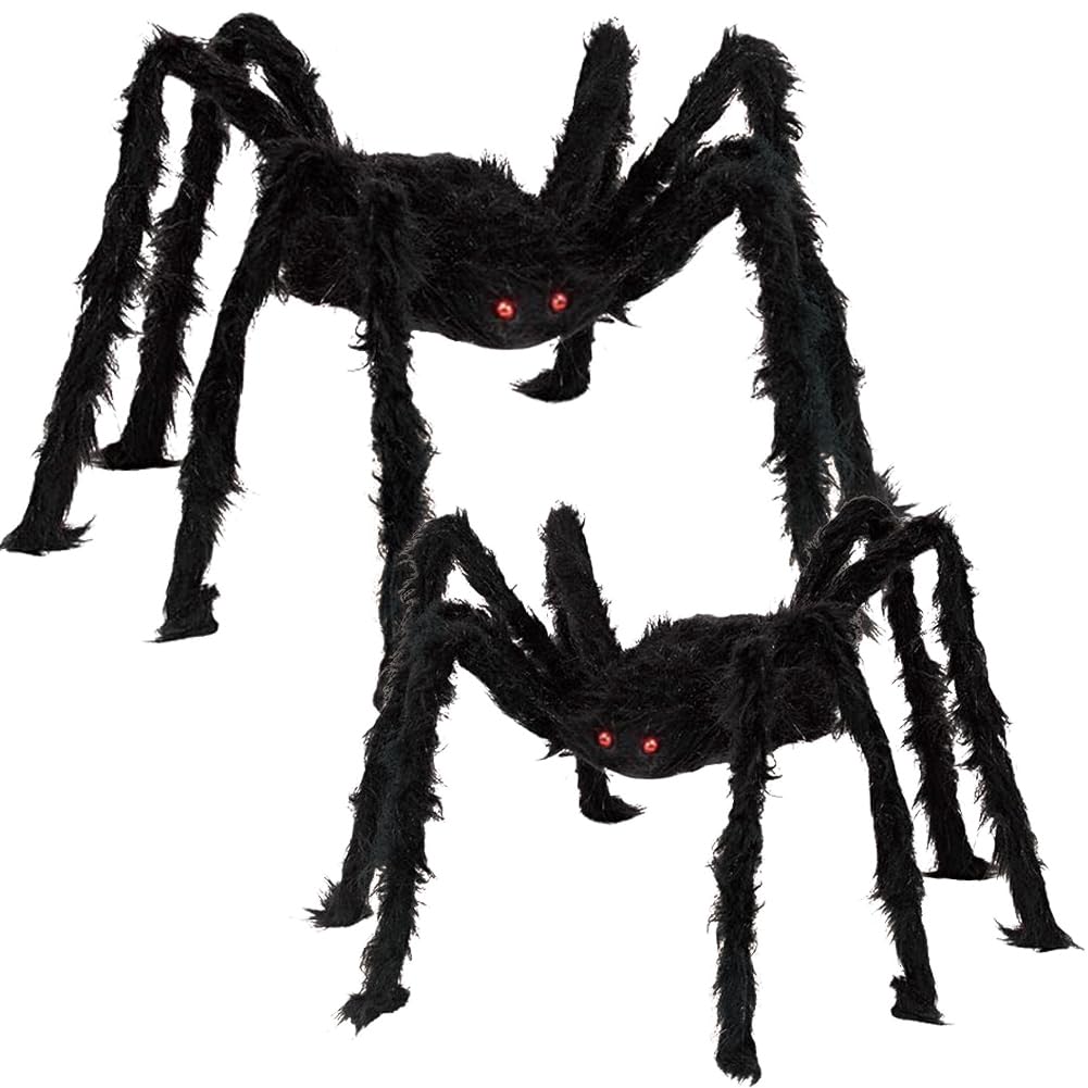 Photo 1 of 2 Pack Halloween Spider Decorations, Halloween Realistic Gaint Hairy Spider Scary Large Spider Props Decorations for Halloween Indoor Outdoor House Yard Party Decor (6.5 FT + 4.1 FT)