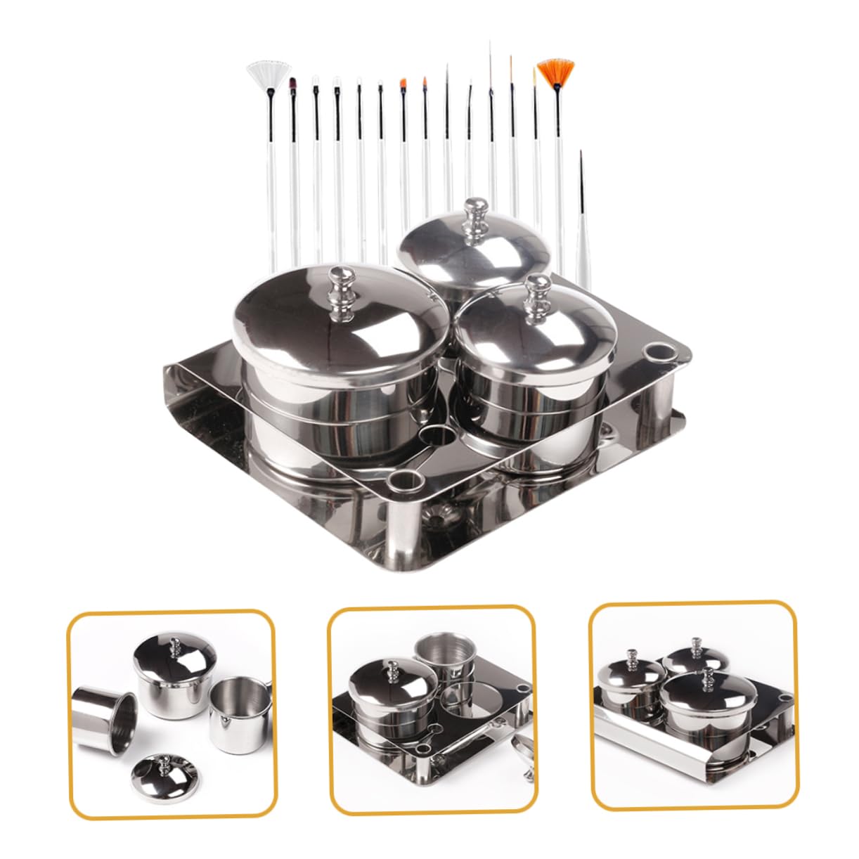 1set Stainless Steel Nail Art Liquid Cup Holder Includes Jars Brushes for Nails Durable Portable Manicure Bowls for Mixing Liquid