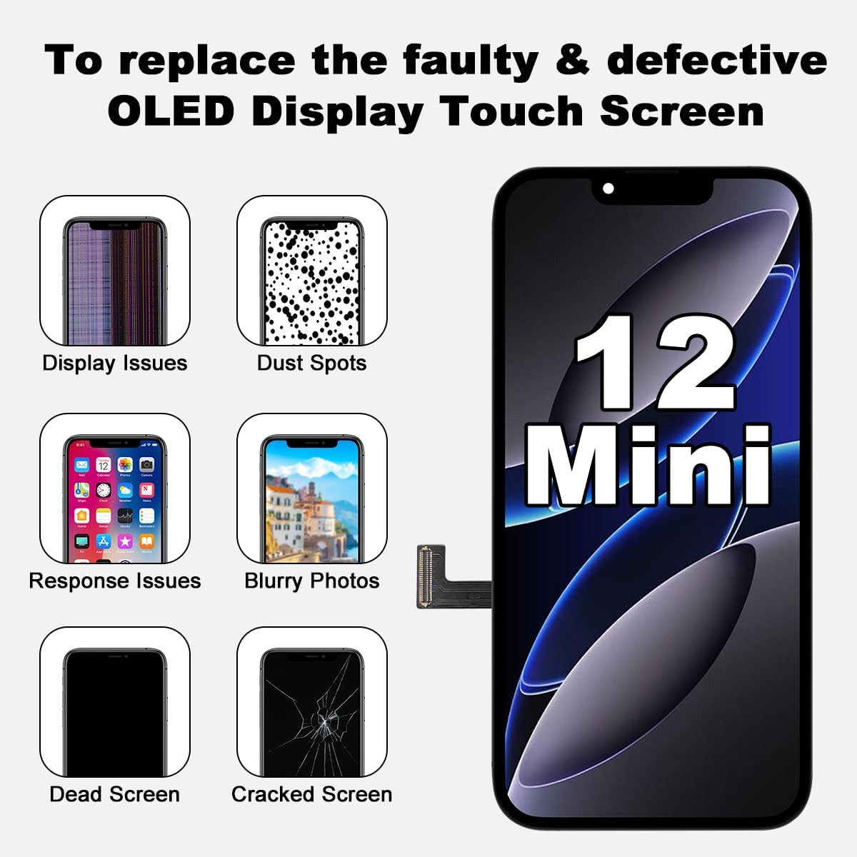 for iPhone 12 Mini Screen Replacement 5.4 ", Full HD LCD Display 3D Touch Screen Digitizer Full Assembly for Model A2176, A2398,A2399,A2400 (Without Tools)