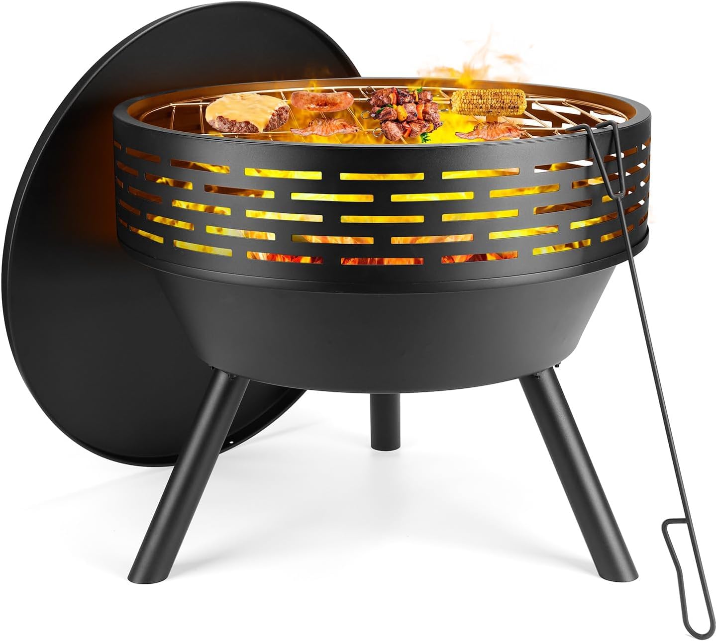 23-Inch Round Cast Iron Fire Pit with Lid, Wood Burning BBQ Grill Bowl, Black Outdoor Table for Patio Backyard, Includes Handle and Poker
