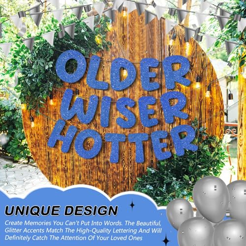 Image of Fulmoon Set of 3 Pre Strung Older Wiser Hotter Glitter Banner Funny Birthday Banner for Women 30th 40th 50th 60th 70th 80th Birthday Party Decorations Sign Gift(Navy Blue)