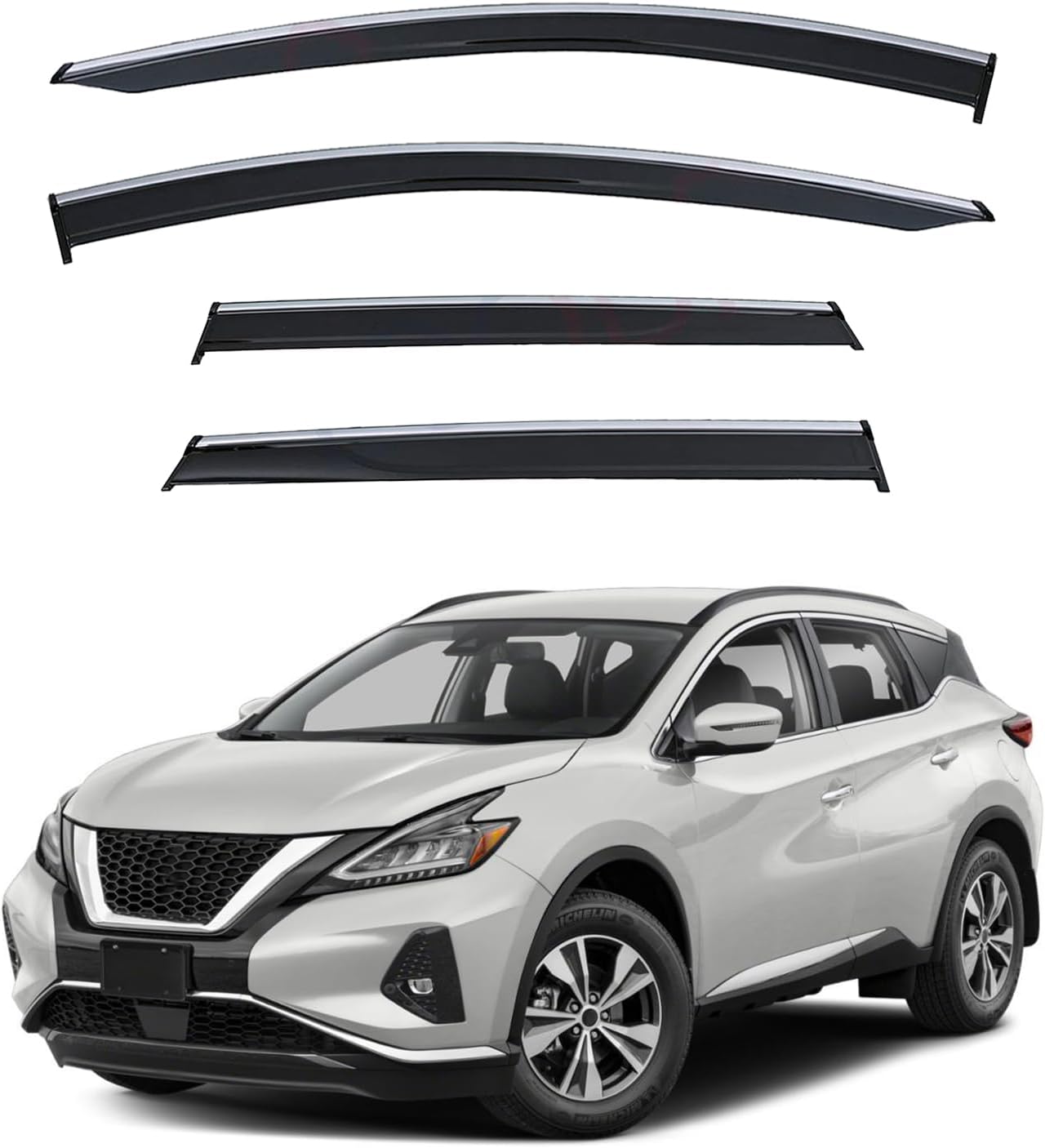 4pcs Smoke Tint with Chrome Trim Outside Mount Tape On/Clip On Style PVC Sun Rain Guard Vent Window Visors Compatible with 15-24 Murano