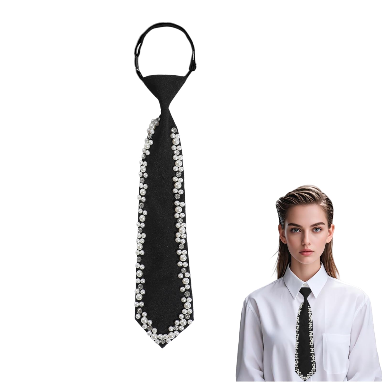 Corbata para Damas con Perlas, Corbata Larga de Uniforme JK, Corbata Estrecha Ajustable, Multicolor, Talla L