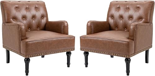 Miniatura 13 de MOJAY Silla decorativa de piel sintética, sillón de mediados de siglo con patas de madera de goma, silla de club con ribete de remache para