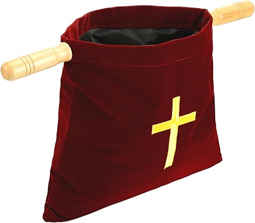 Miniatura 8 de Abbylike Bolsa de terciopelo para ofrendas de iglesia con asas de madera, bolsa de ofrenda religiosa de 10 pulgadas, bolsa de colección de iglesias