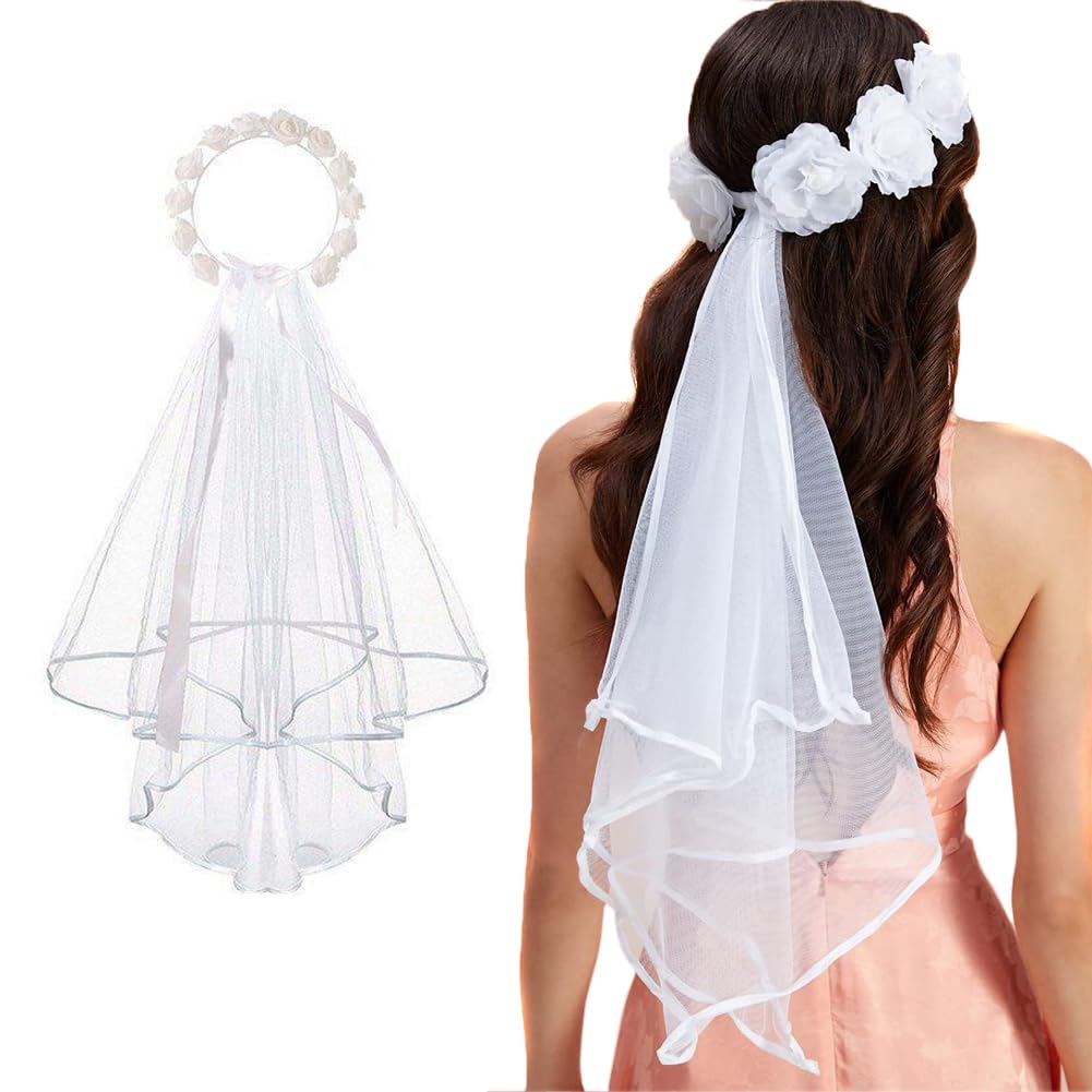 Bride Veil White Flower Wreath Headband with Lace Veil Floral Veils Headpiece Boho Flower Crown Hair Accessories for Party Wedding Engagement