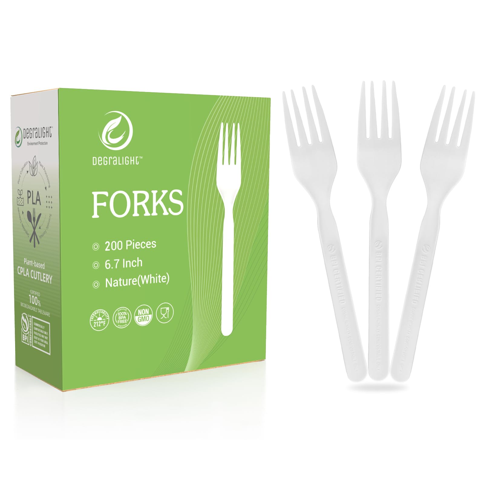 100% Compostable Froks [200Pcs] Heavy Duty Biodegradable Forks Disposable Utensils, BPA-Free, Heat Resistant, BPI Certified Disposable Forks, Eco Friendly Cutlery for Party, Office & Picnic