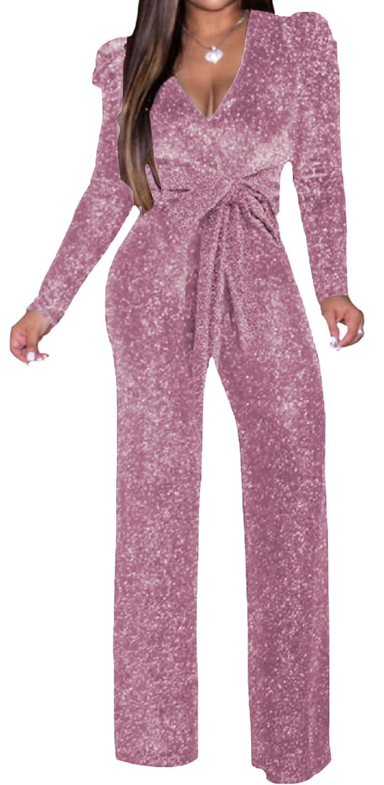 Tute scintillanti da donna sexy a maniche lunghe da cocktail elegante collo a lupetto aderente pantaloni lunghi dritti pagliaccetti con tasche, Rosa, Small